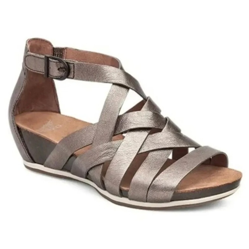 Dansko‎ Vivian Gladiator Silver Metallic Wedge Sandal 7.5 Leather Strappy Boho
